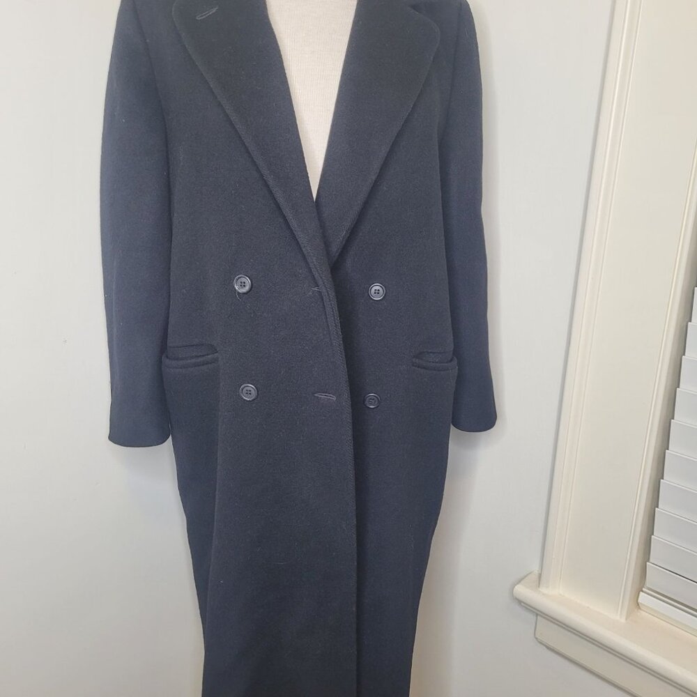 VTG J. Hook Womens Double-Breasted Wool Overcoat Satin Lining Navy Blue M L